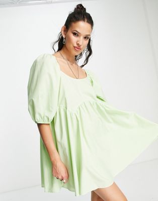 ASOS DESIGN cotton jumbo scallop puff sleeve smock dress in apple - ASOS Price Checker
