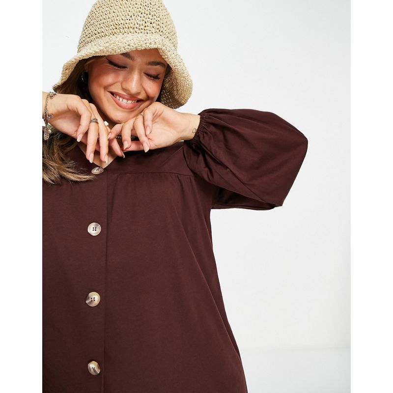 Vestiti Donna DESIGN - Vestito grembiule corto a maniche lunghe con bottoni marrone cioccolato