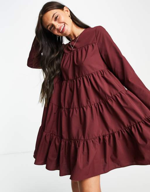 ASOS DESIGN - Vestito grembiule corto a maniche lunghe in popeline di cotone bordeaux
