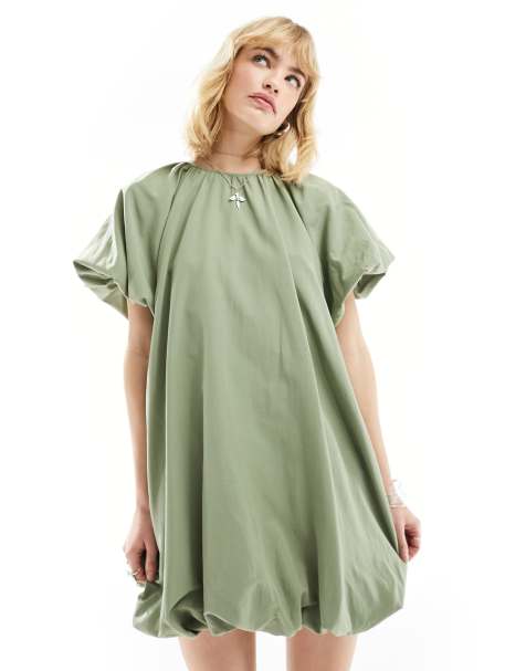ASOS DESIGN - Vestito grembiule corto a palloncino color salvia crepuscolare - view 1