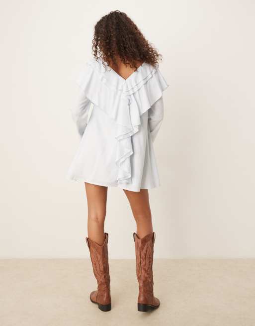 ASOS DESIGN - Vestito grembiule corto blu con volant, 2 di 4
