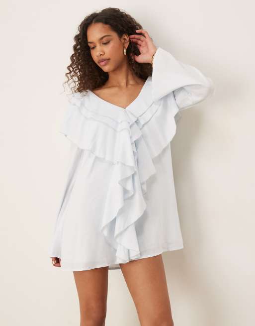 ASOS DESIGN - Vestito grembiule corto blu con volant, 3 di 4