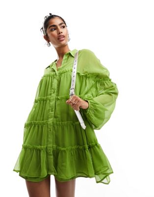 ASOS DESIGN chiffon smock mini shirt dress in green - ASOS Price Checker