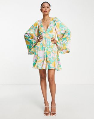 ASOS DESIGN mini smock dress with godets and flared sleeves in bright abstract floral - ASOS Price Checker