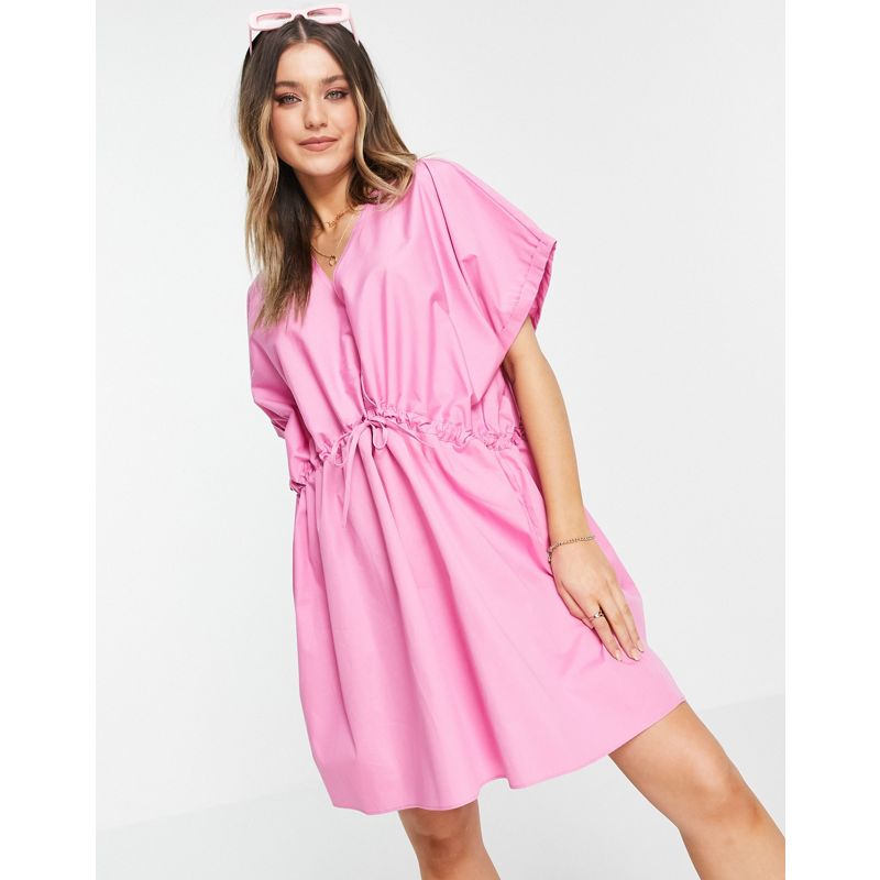 6X8k9 Donna DESIGN - Vestito grembiule corto in cotone rosa raccolto in vita