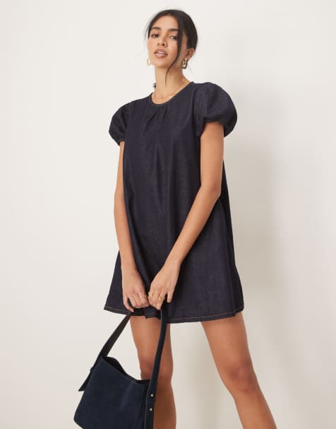 ASOS DESIGN - Vestito grembiule corto in denim con maniche a sbuffo - view 1