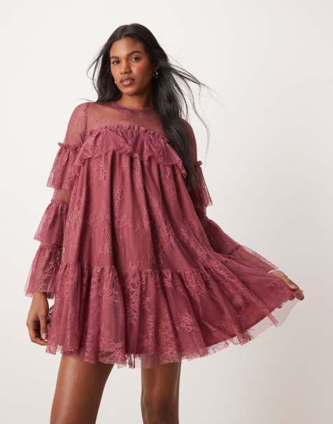ASOS DESIGN - Vestito grembiule corto in pizzo color bacca con maniche con volant - view 1