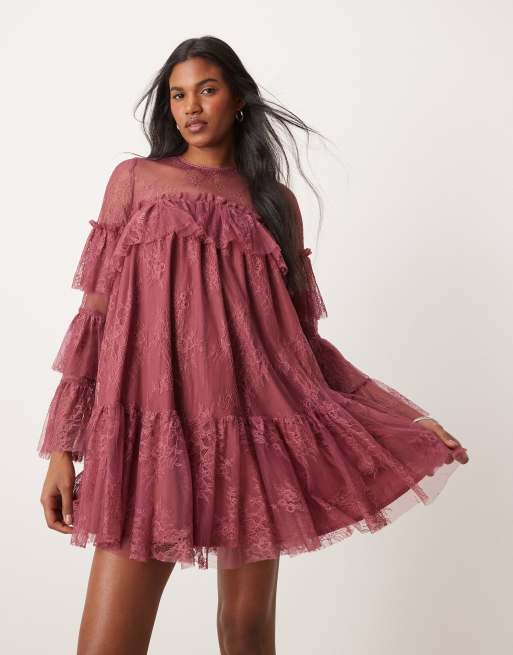 ASOS DESIGN - Vestito grembiule corto in pizzo color bacca con maniche con volant