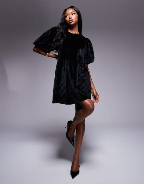 ASOS DESIGN - Vestito grembiule corto in velluto trapuntato con maniche a sbuffo - view 1