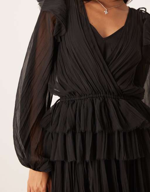ASOS DESIGN - Vestito grembiule corto nero con volant e scollo a V, 3 di 4