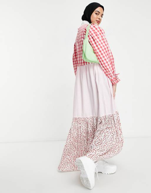 ASOS DESIGN - Vestito grembiule lungo a balze con maniche lunghe e stampa mista a quadretti e a fiori, 2 di 4
