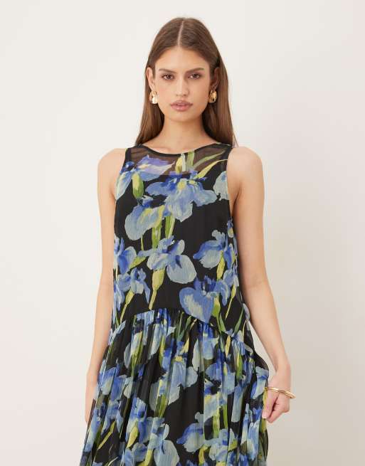 ASOS DESIGN - Vestito grembiule lungo con scollo a vogatore a fiori su base scura, 3 di 4