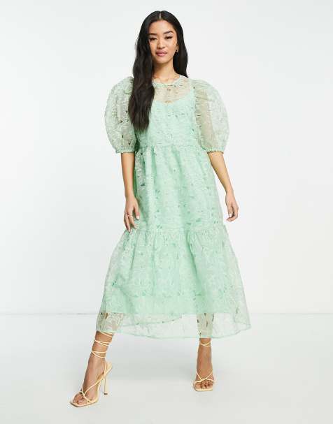 ASOS DESIGN - Vestito grembiule midi a balze in organza verde tenue a fiori - view 1