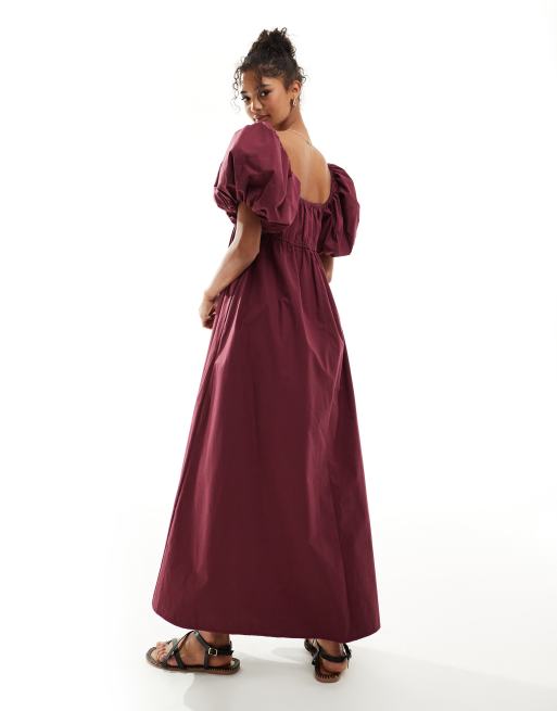 ASOS DESIGN - Vestito grembiule midi bordeaux con maniche a sbuffo, 4 di 4