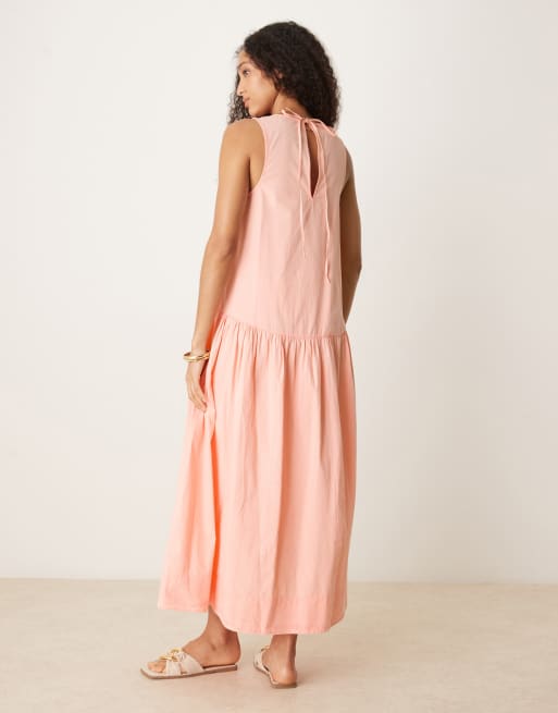 ASOS DESIGN - Vestito grembiule midi con vita scesa e scollo a barchetta color blush albicocca, 3 di 4