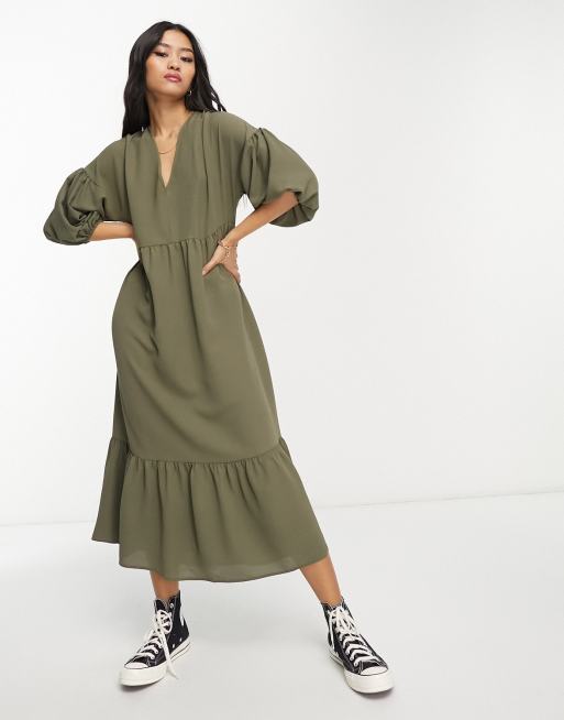 ASOS DESIGN - Vestito grembiule midi kaki, 4 di 4