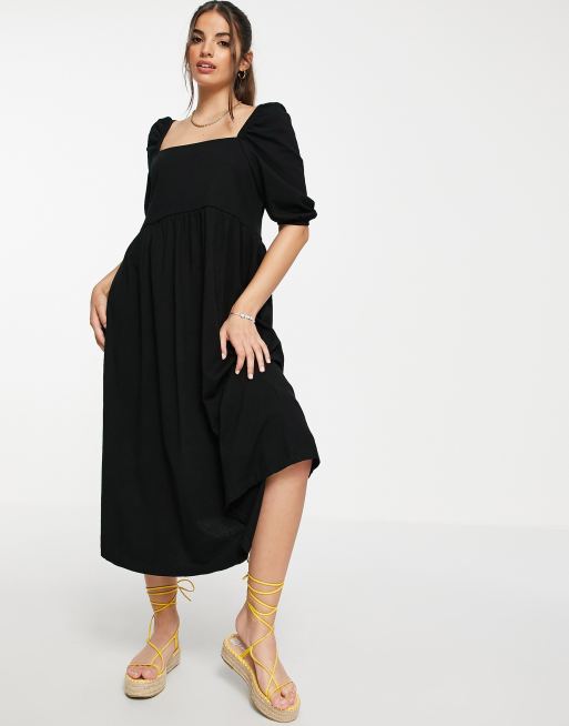 ASOS DESIGN - Vestito grembiule midi raccolto in vita nero con scollo squadrato e maniche a sbuffo