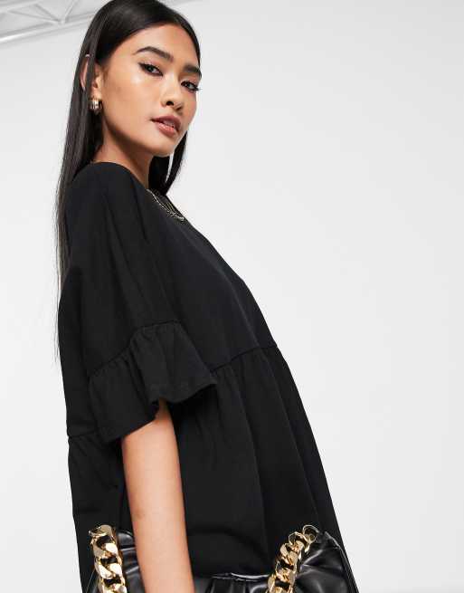 ASOS DESIGN - Vestito grembiule super oversize con maniche con volant nero, 3 di 4