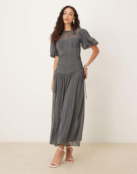 ASOS DESIGN - Vestito grigio antracite in chiffon con maniche a sbuffo e gonna al polpaccio - view 1