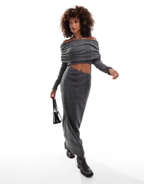 ASOS DESIGN - Vestito grigio antracite mélange soffice a coste con scollo alla Bardot e gonna al polpaccio - view 1