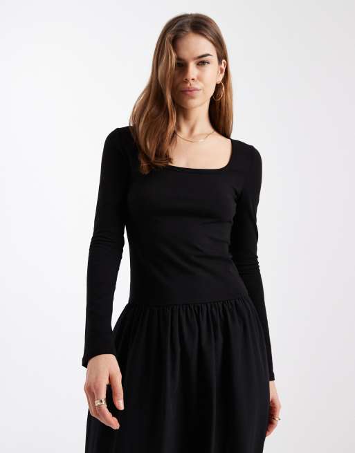 ASOS DESIGN - Vestito ibrido al polpaccio in jersey nero con gonna in popeline, 2 di 4