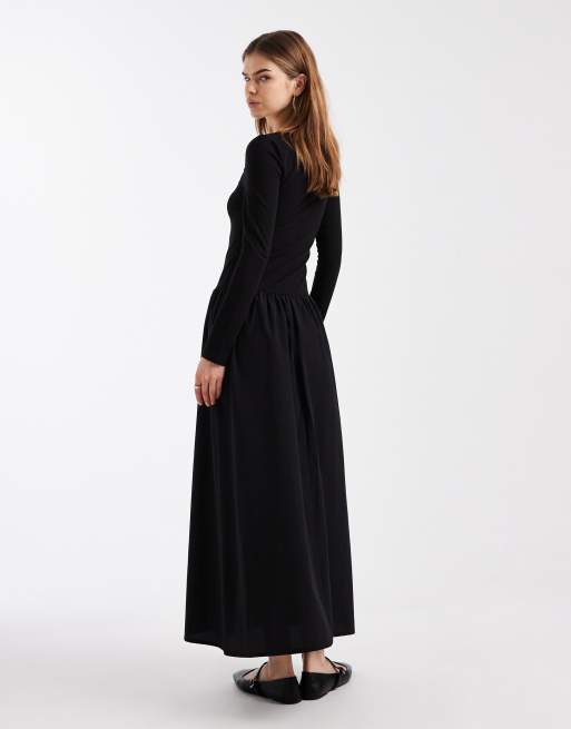 ASOS DESIGN - Vestito ibrido al polpaccio in jersey nero con gonna in popeline, 4 di 4