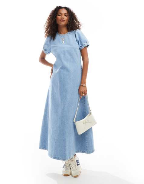 ASOS DESIGN - Vestito in denim blu medio con maniche a sbuffo - view 1