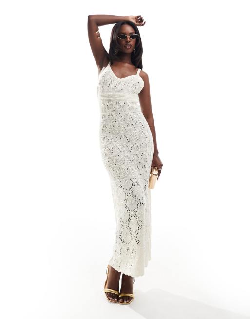 ASOS DESIGN - Vestito in maglia all'uncinetto color crema con gonna al polpaccio e filato metallizzato