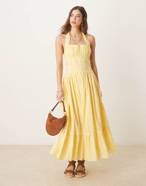 ASOS DESIGN - Vestito in pizzo stile rustico giallo limone allacciato al collo con pinces - view 1