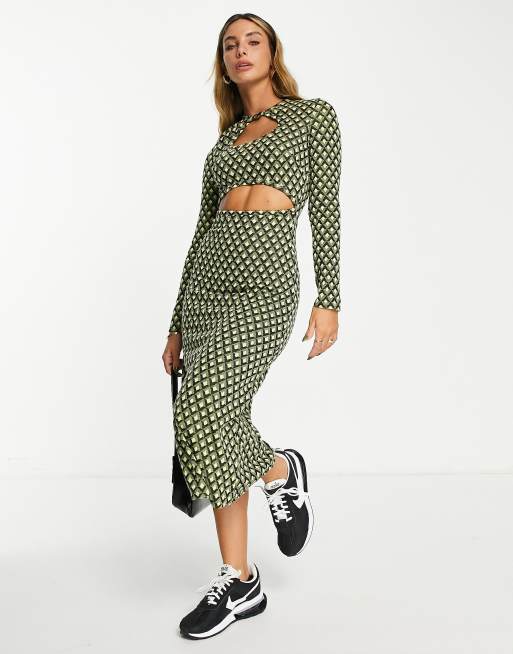 ASOS DESIGN - Vestito longuette a maniche lunghe con apertura a goccia e cut-out in jacquard color lime
