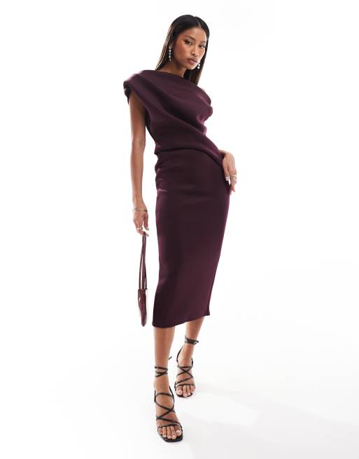 ASOS DESIGN Vestito longuette a spalle scoperte color melanzana con dettaglio a pieghe in vita