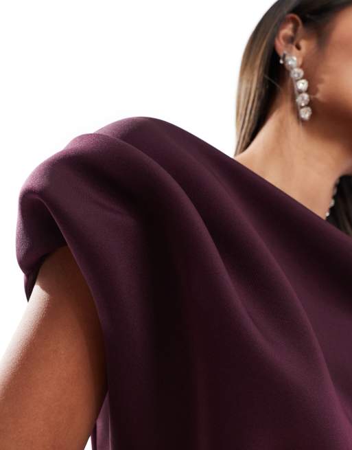 ASOS DESIGN Vestito longuette a spalle scoperte color melanzana con dettaglio a pieghe in vita