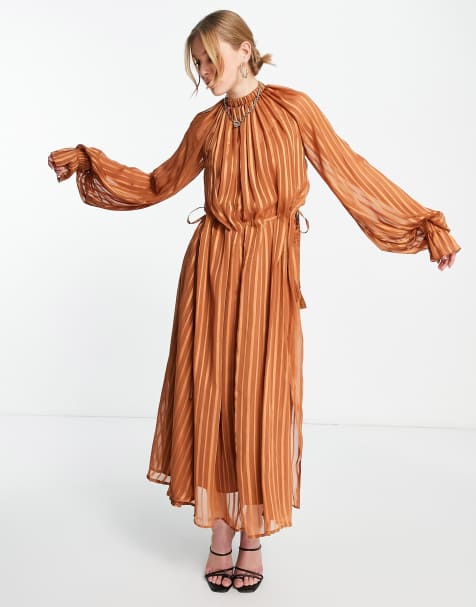 ASOS DESIGN - Vestito longuette accollato in raso a righe con cordino - view 1