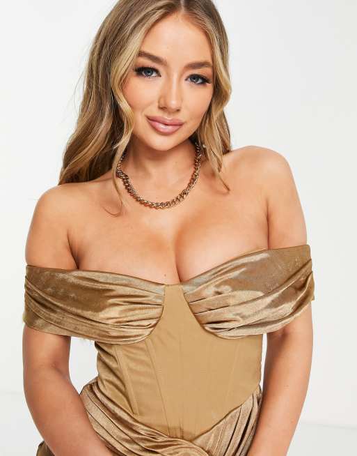 ASOS DESIGN - Vestito longuette con spalle scoperte e corsetto con nodo, colore bronzo, 2 di 4