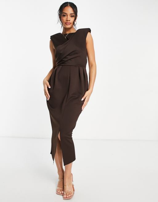 ASOS DESIGN - Vestito longuette con spalline imbottite color cioccolato