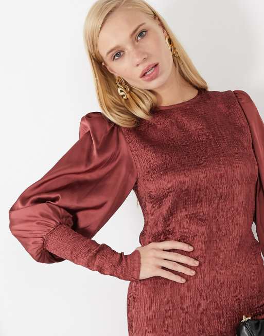 ASOS DESIGN - Vestito longuette da giorno con polsini e fondo arricciati e maniche a sbuffo color marrone malva
