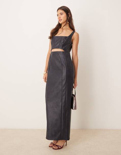 ASOS DESIGN - Vestito longuette in pelle sintetica blu notte con scollo squadrato e cut-out - view 1