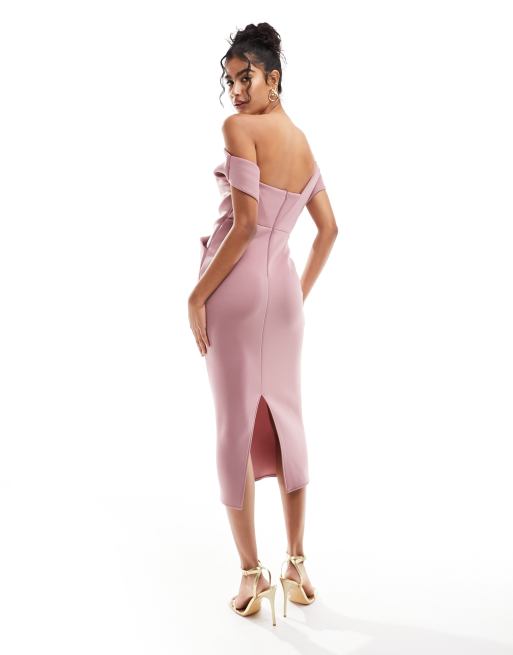 ASOS DESIGN Vestito longuette in tessuto scuba color malva con dettaglio a pieghe in vita e spalle scoperte
