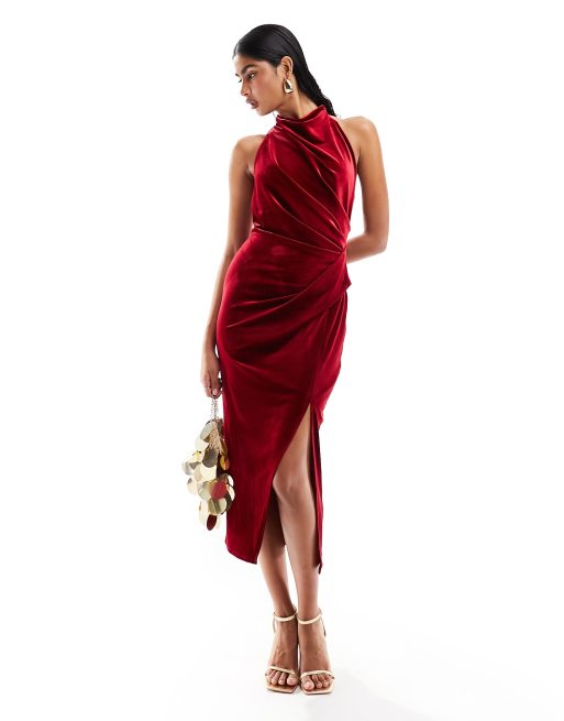 ASOS DESIGN - Vestito longuette midi accollato con dettaglio raccolto in velluto bordeaux