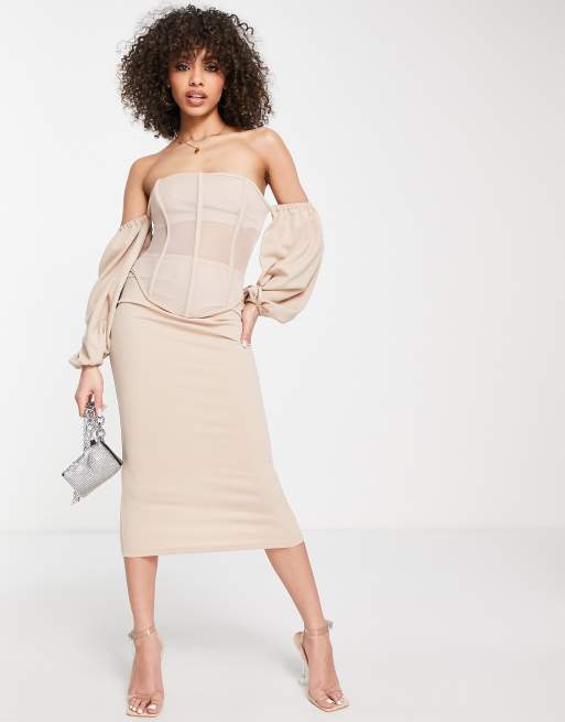 ASOS DESIGN - Vestito longuette midi con corsetto in rete e spalle scoperte color pietra
