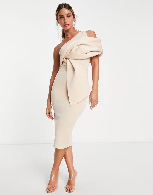 ASOS DESIGN - Vestito longuette midi con pince sulle spalle color mandorla glassata con cut-out