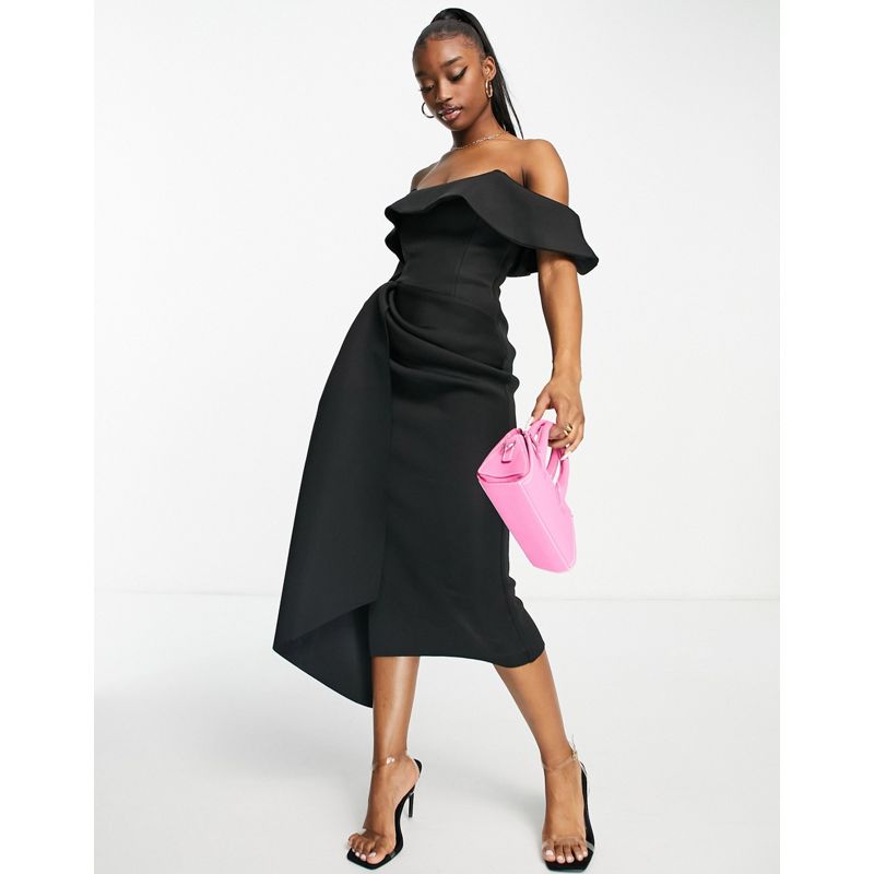 Vestiti Donna DESIGN - Vestito longuette midi con scollo alla Bardot e fusciacca nero