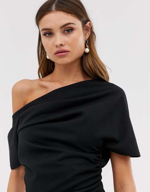 ASOS DESIGN - Vestito longuette nero con pieghe sulle spalle, 3 di 4