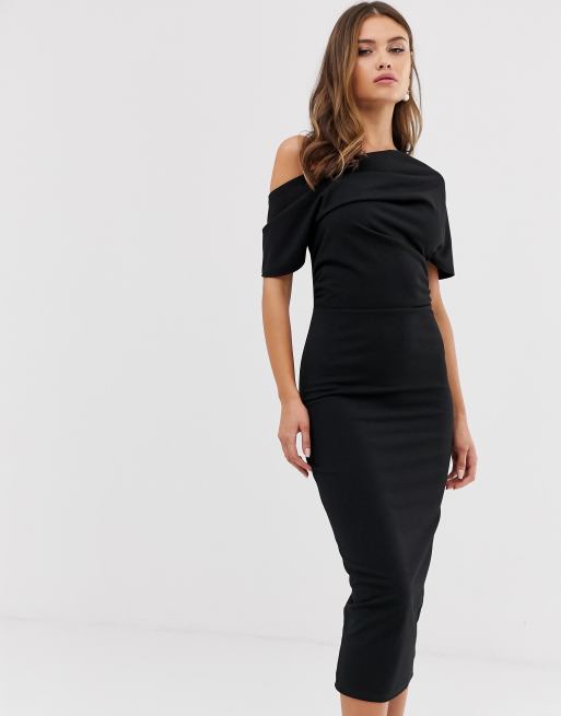 ASOS DESIGN - Vestito longuette nero con pieghe sulle spalle