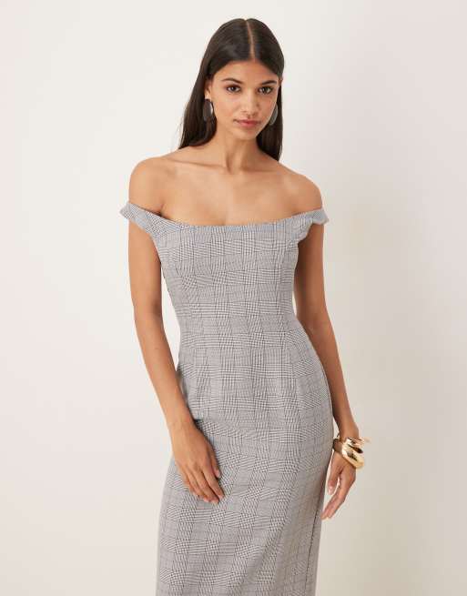 ASOS DESIGN - Vestito longuette sartoriale color pietra a quadri con spalle scoperte, 2 di 4