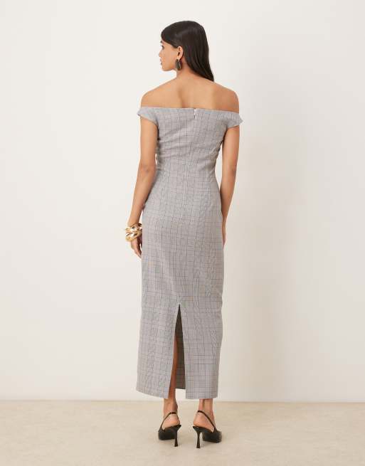 ASOS DESIGN - Vestito longuette sartoriale color pietra a quadri con spalle scoperte, 3 di 4