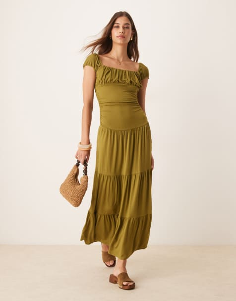 ASOS DESIGN - Vestito lungo a balze con bustino arricciato e scollo squadrato verde stile country - view 1