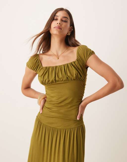 ASOS DESIGN - Vestito lungo a balze con bustino arricciato e scollo squadrato verde stile country, 2 di 4
