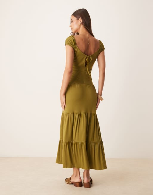ASOS DESIGN - Vestito lungo a balze con bustino arricciato e scollo squadrato verde stile country, 4 di 4