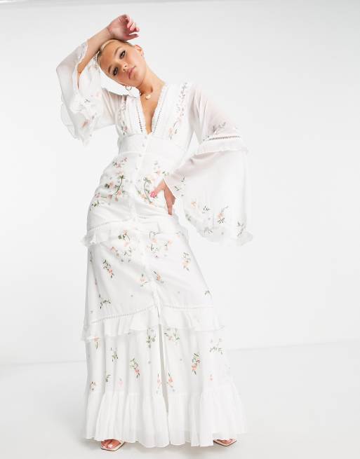 ASOS DESIGN - Vestito lungo a balze con fiori ricamati bordi grezzi e bottoni, 4 di 4